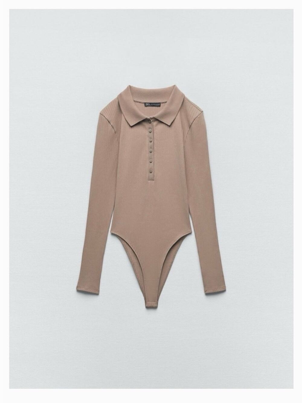 Zara Ribbed Long Sleeve Polo Bodysuit Tan Brown Size Medium